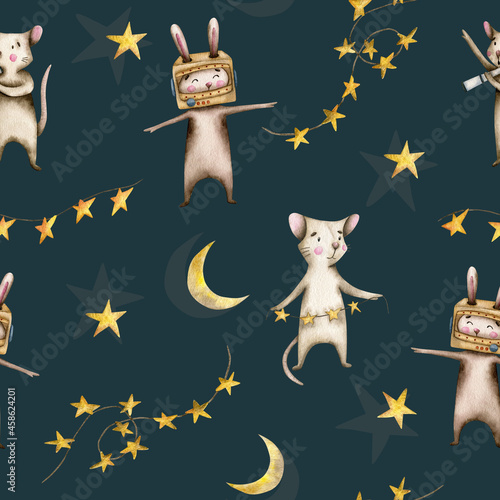 Watercolor seamless pattern with stars, a bunny in an astronaut's helmet and a mouse with a telescope on a dark blue background (ID: 458624201)