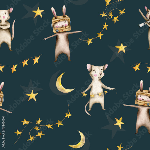 Watercolor seamless pattern with stars, a bunny in an astronaut's helmet and a mouse with a telescope on a dark blue background photo