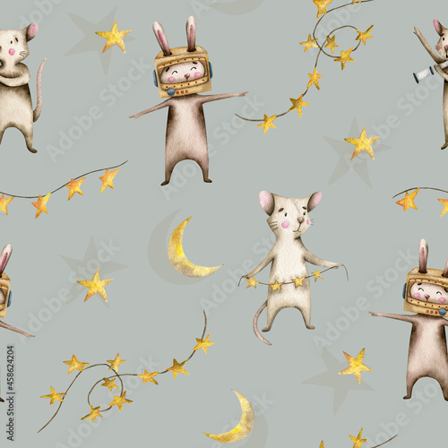 Watercolor seamless pattern with stars, a bunny in an astronaut's helmet and a mouse with a telescope on a gray-blue background (ID: 458624204)