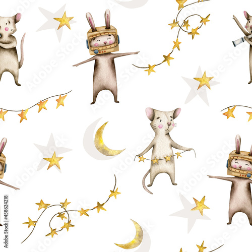 Watercolor seamless pattern with stars, a bunny in an astronaut's helmet and a mouse with a telescope on a beige background (ID: 458624218)
