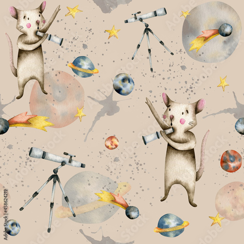 Watercolor seamless pattern with stars, planets, a comet and a mouse with a telescope on a beige background (ID: 458624219)