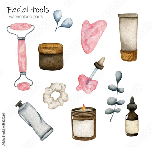 Watercolor set of tools for facial care on a white background (ID: 458624266)