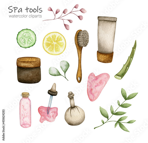 Watercolor spa set with brush, aloe, guasha and lemon on a white background (ID: 458624283)