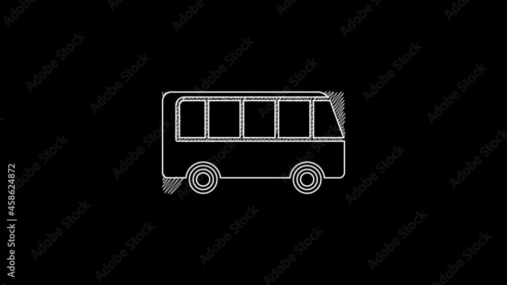 White line Bus icon isolated on black background. Transportation concept. Bus tour transport sign. Tourism or public vehicle symbol. 4K Video motion graphic animation