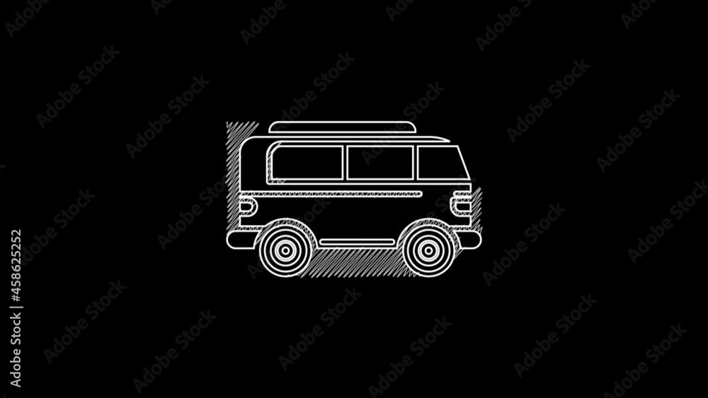 White line Retro minivan icon isolated on black background. Old retro classic traveling van. 4K Video motion graphic animation White line Retro minivan icon isolated on black background. Old retro classic traveling van. 4K Video motion graphic animation