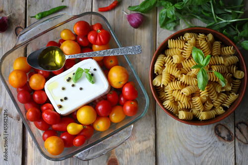 Selective focus. Feta tomato paste recipe. photo