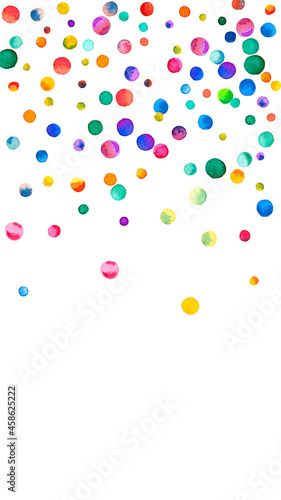 Watercolor confetti on white background. Alluring rainbow colored dots. Happy celebration high colorful bright card. Interesting hand painted confetti.