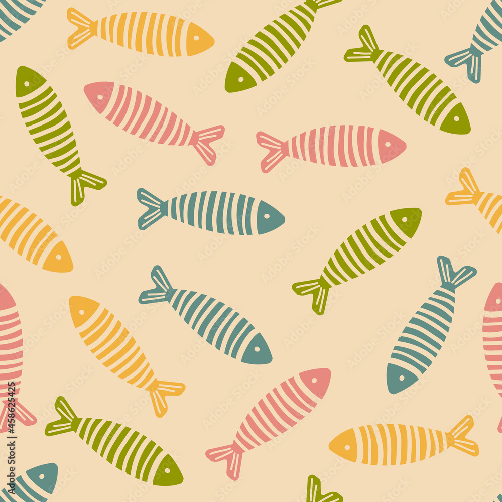 Flat simple colorfull funny cute seamless pattern with a fish . For printing baby textile, fabrics, design, decor, gift wrapping, paper, baby shower, greeting card, notepad, scrapbooking.
