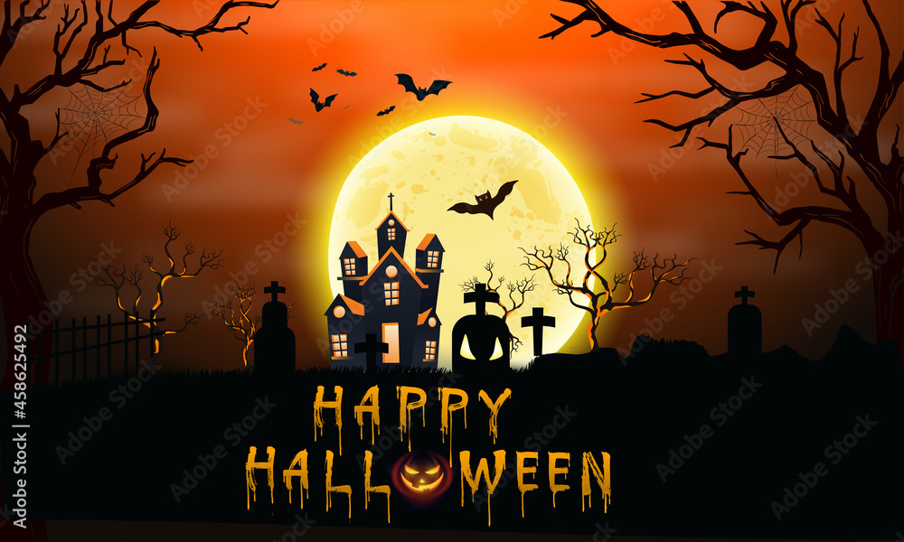 carte ou bandeau sur un Happy Halloween en orange avec  la lune et devant un château hanté un cimetière, des chauves souris, une sorcière, sur un fond orange en dégradé