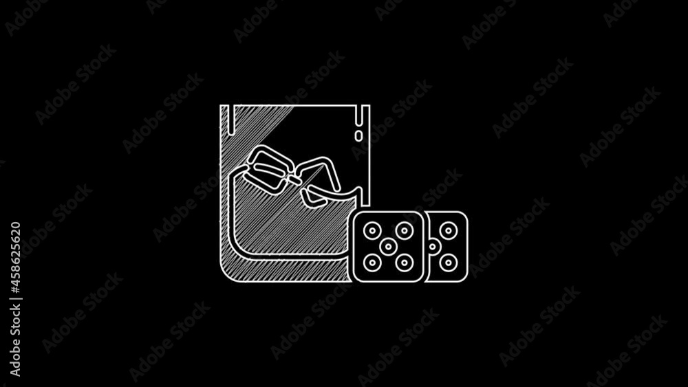 White line Game dice and glass of whiskey with ice cubes icon isolated on black background. Casino gambling. 4K Video motion graphic animation White line Game dice and glass of whiskey with ice cubes icon isolated on black background. Casino gambling. 4K Video motion graphic animation
