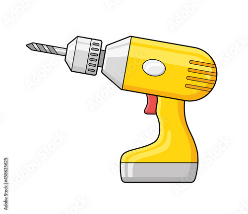 Yellow electric cordless drill with bit tool isolated