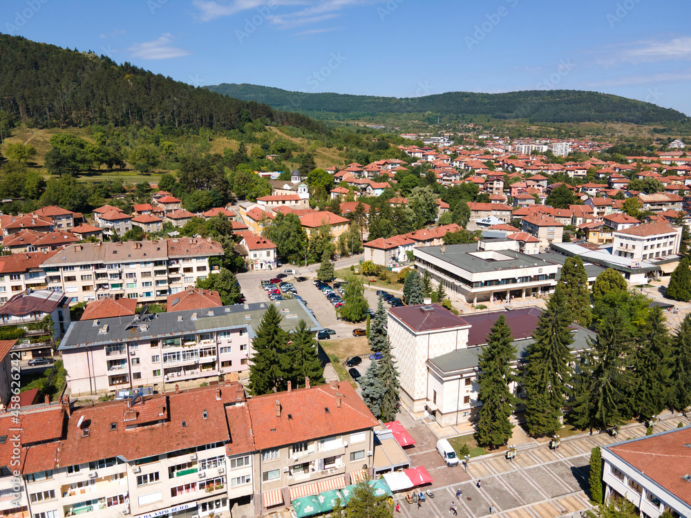 Aerial view of center of town of Troyan, Bulgaria