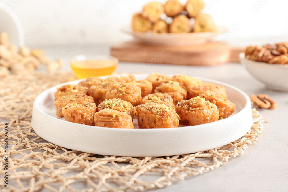 Tray with delicious baklava on table Tray with delicious baklava on table