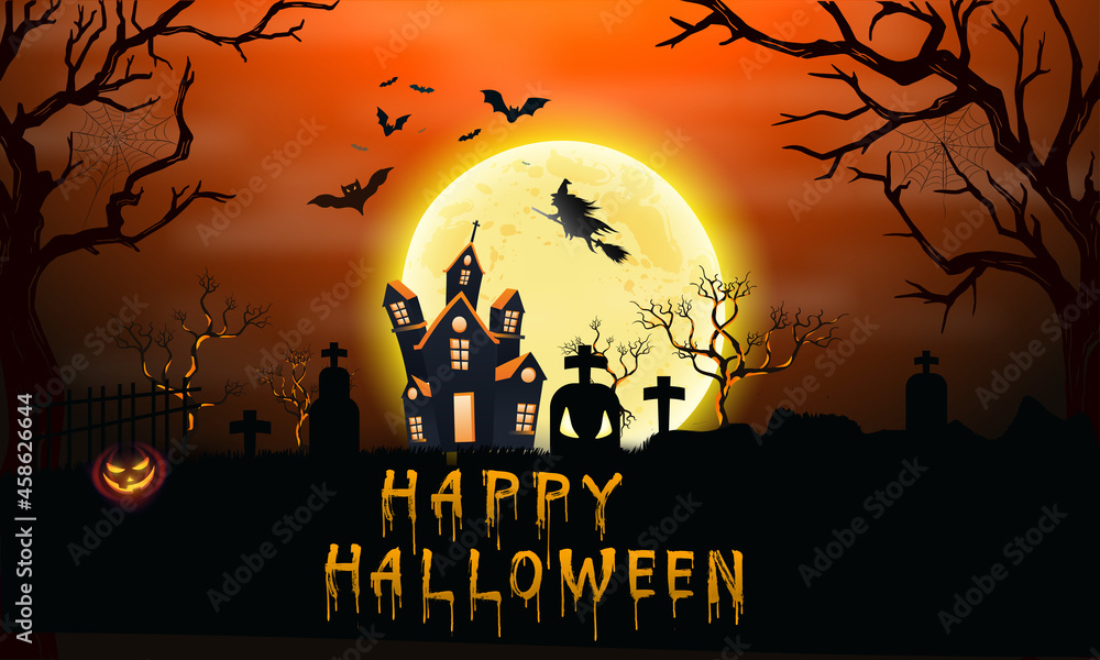 carte ou bandeau sur un Happy Halloween en orange avec  la lune et devant un château hanté un cimetière, des chauves souris, une sorcière, citrouille sur un fond orange en dégradé