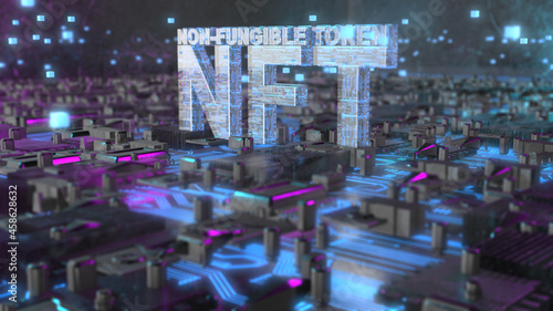 NFTs or NFT is a non-fungible tokens. They act as a non-duplicable digital certificate of ownership for any assigned digital asset - 3D Illustration rendering