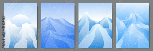 Vector illustration. Flat winter landscape. Snowy backgrounds. Snowdrift. Snowfall. Line art. Blizzard. Snowy weather. Design elements for poster, book cover, brochure, magazine, flyer, booklet