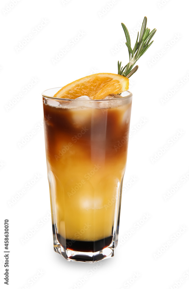 Glass of tasty coffee with orange juice on white background Glass of tasty coffee with orange juice on white background