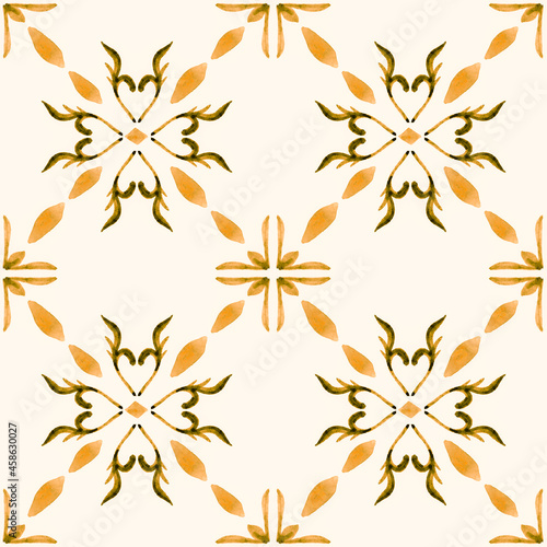 Azulejo watercolor seamless pattern. Traditional Portuguese ceramic tiles. Hand drawn abstract background. Watercolor artwork for textile  wallpaper  print  swimwear design. Orange azulejo pattern.