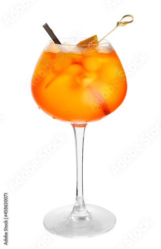 Glass of Aperol spritz cocktail on white background