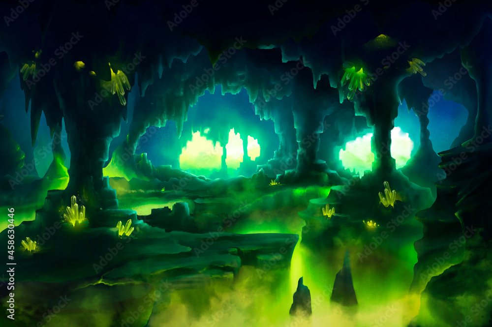 An illustration that depicts a beautiful glowing radioactive cavern