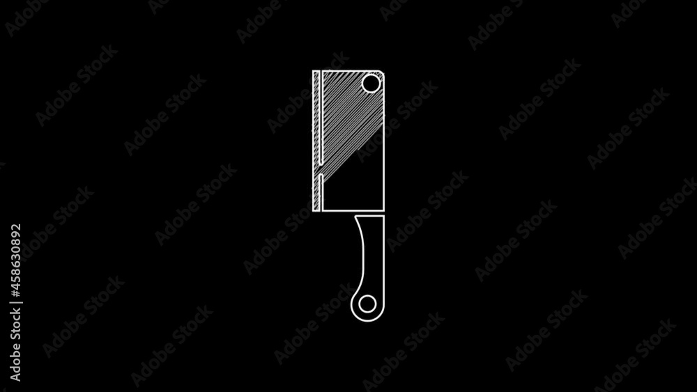 White line Meat chopper icon isolated on black background. Kitchen knife for meat. Butcher knife. 4K Video motion graphic animation White line Meat chopper icon isolated on black background. Kitchen knife for meat. Butcher knife. 4K Video motion graphic animation