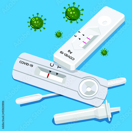 Vector illustration of COVID-19, Antigen test kit (ATK) with results on blue background