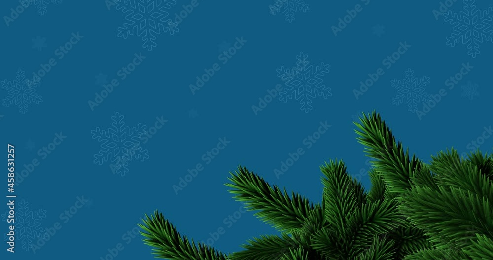 Animation of snowflakes and fir tree branch with copy space on blue background Animation of snowflakes and fir tree branch with copy space on blue background