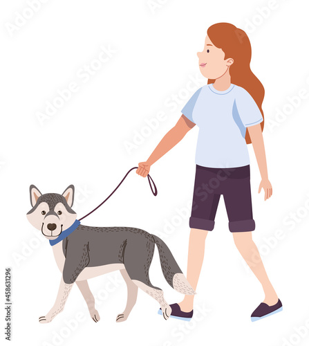 woman walking with siberian husky