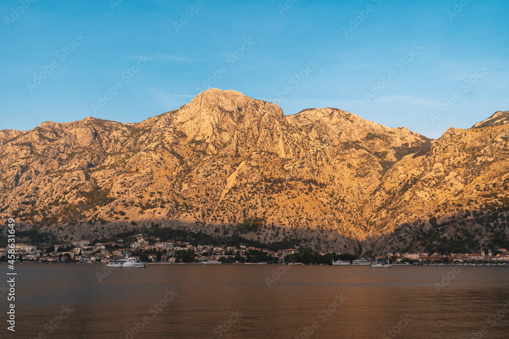 View of the natural scenery in Kotor Bay area at sunset in summer, touristic famous destination in Montenegro, Eastern Europe