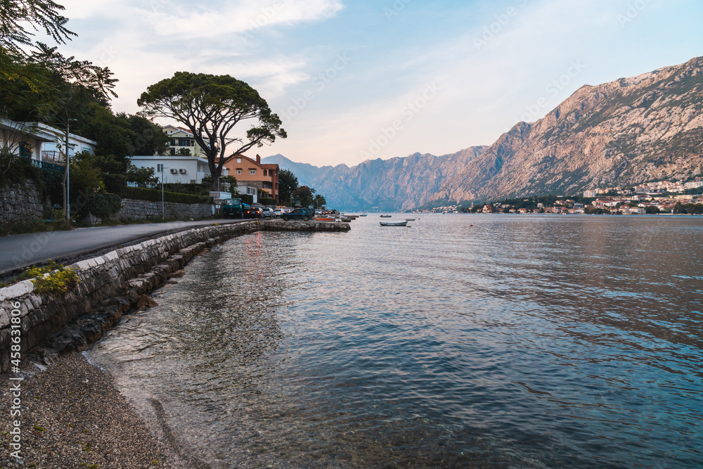 View of Kotor Bay area at sunset in summer, touristic famous destination in Montenegro, Europe