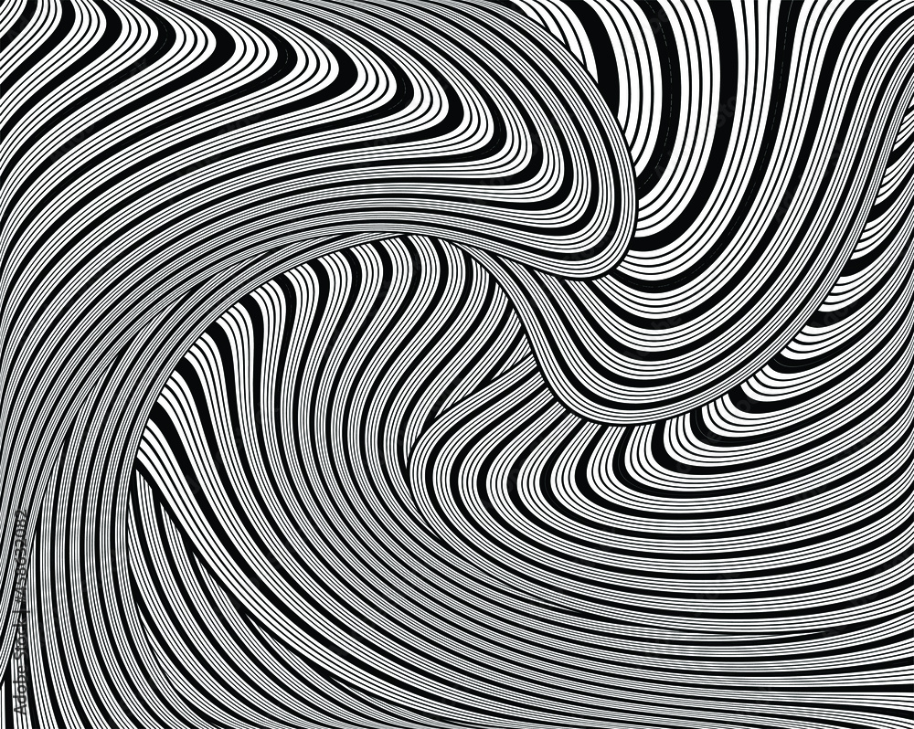 Line art optical art. Psychedelic background. Monochrome background. Optical illusion style. Black dark background. Modern pattern. Abstract graphic texture. Graphic ornament. Vector template Line art optical art. Psychedelic background. Monochrome background. Optical illusion style. Black dark background. Modern pattern. Abstract graphic texture. Graphic ornament. Vector template