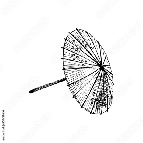 Japanese umbrella. Vintage vector hatching illustration. Isolated on white