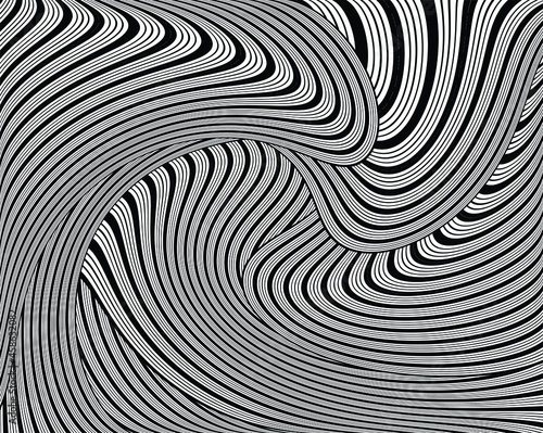  Line art optical art. Psychedelic background. Monochrome background. Optical illusion style. Black dark background. Modern pattern. Abstract graphic texture. Graphic ornament. Vector template