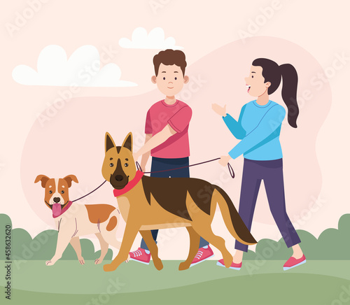 couple walking with mascots