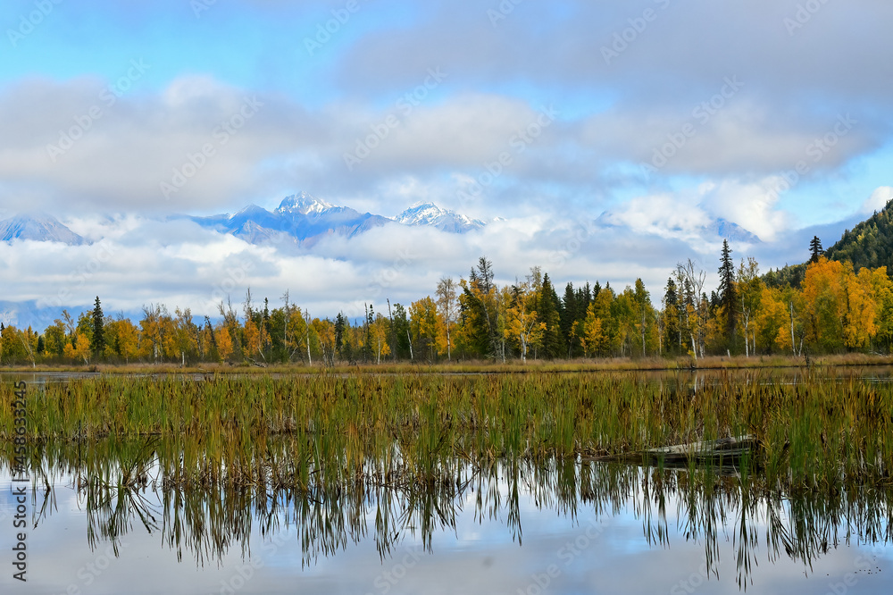 Alaska landscape with lake, mountains and autumn forest colors