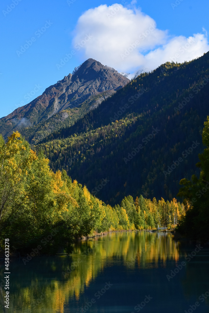 Alaska autumn landscape with mountains and lake