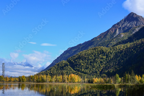 Alaska autumn landscape with mountains and lake in the Matanuska-Susitna Borough. © JT Fisherman