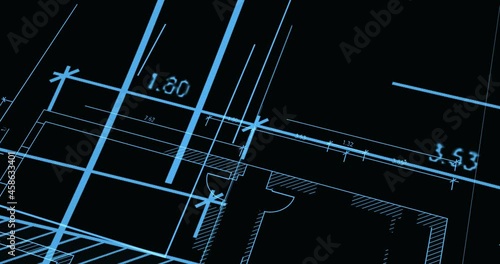 Architektur entwurf, blueprint zeichnen animiert, bauobjekt in der planung, modernes wohnhaus mit maßangaben, maßstab korrekt, technische cad zeichnung, beeindruckend und innovativ    