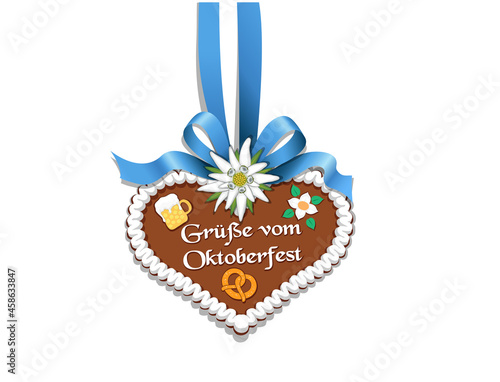 Oktoberfest Lebkuchenherz - Grüße vom Oktoberfest - mit Schleife, Edelweiß, Bretzel, Bierkrug und Blümchen
Vektor Illustration isoliert auf weißem Hintergrund
