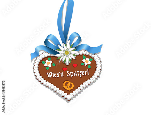 Oktoberfest Lebkuchenherz - Wies’n Spatzerl - mit Schleife, Edelweiß, Bretzel, Herzen und Blümchen
Vektor Illustration isoliert auf weißem Hintergrund
