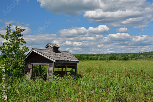 Wooden observation gazebo in the middle of a marshland on a sunny day