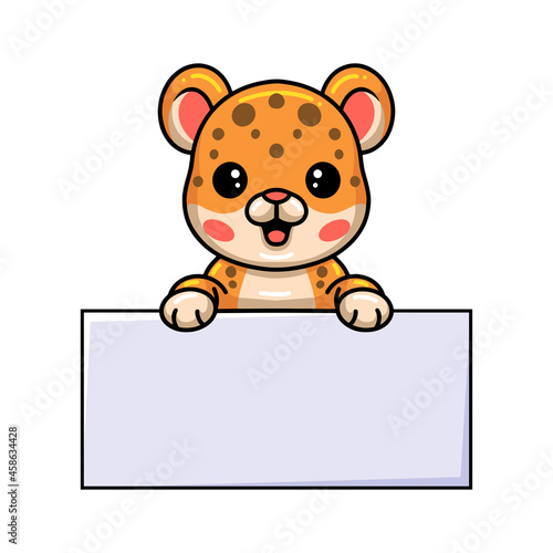 Cute baby leopard cartoon with blank sign