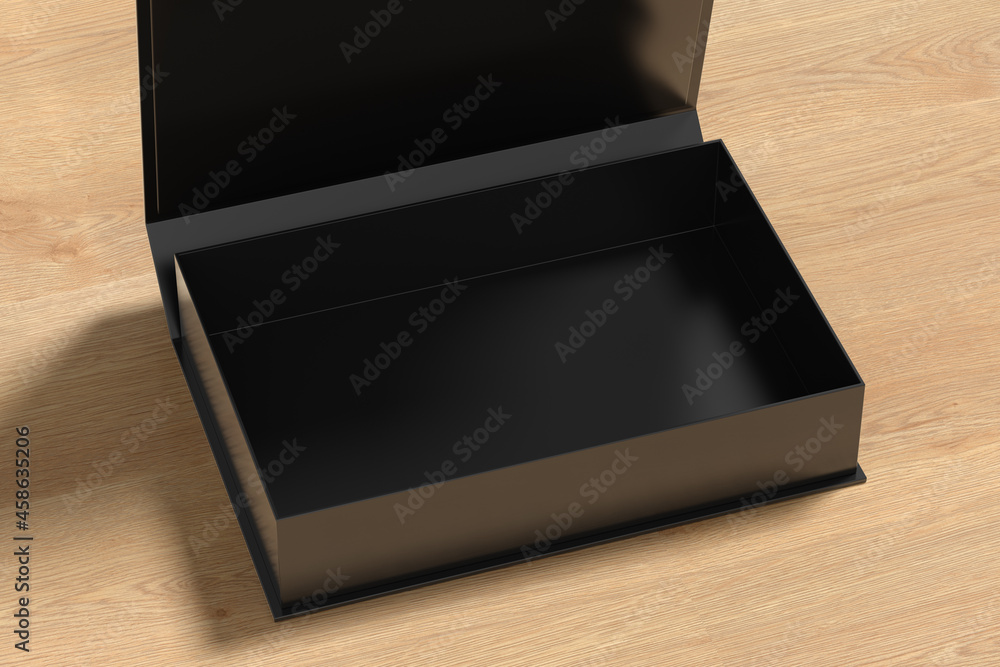 Black opened rectangle folding gift box mock up on wooden background. Side view. Black opened rectangle folding gift box mock up on wooden background. Side view.