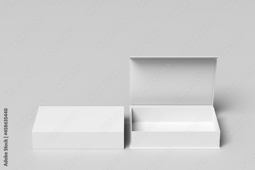 White opened and closed rectangle folding gift box mock up on white background. Front view. - obrazy, fototapety, plakaty 