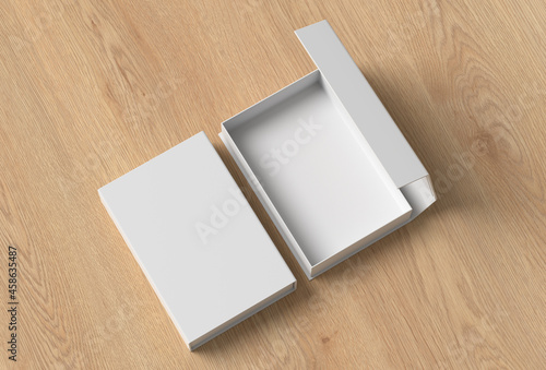 White opened and closed rectangle folding gift box mock up on wooden background. View above.