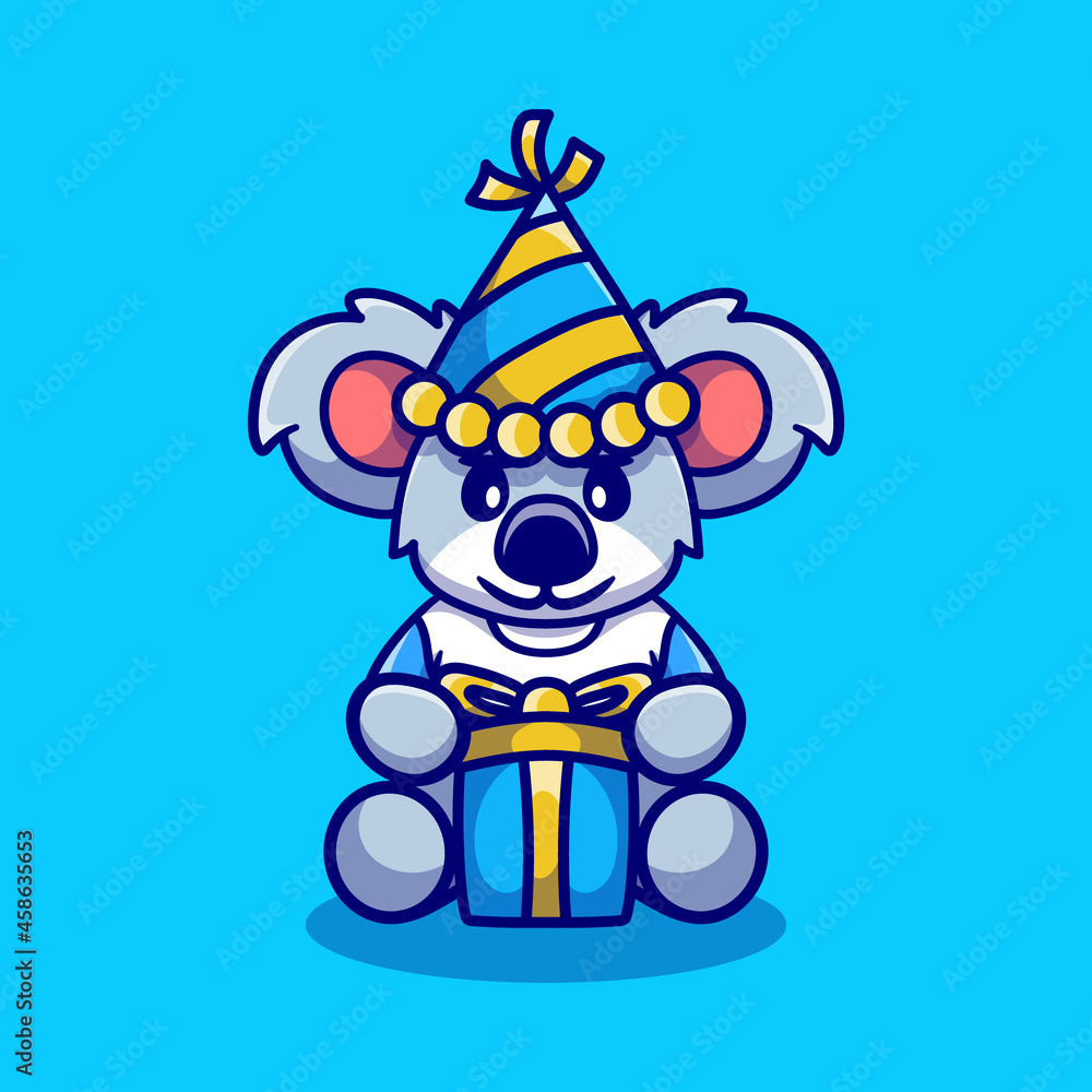 Obraz premium cute koala wearing hat and birthday present