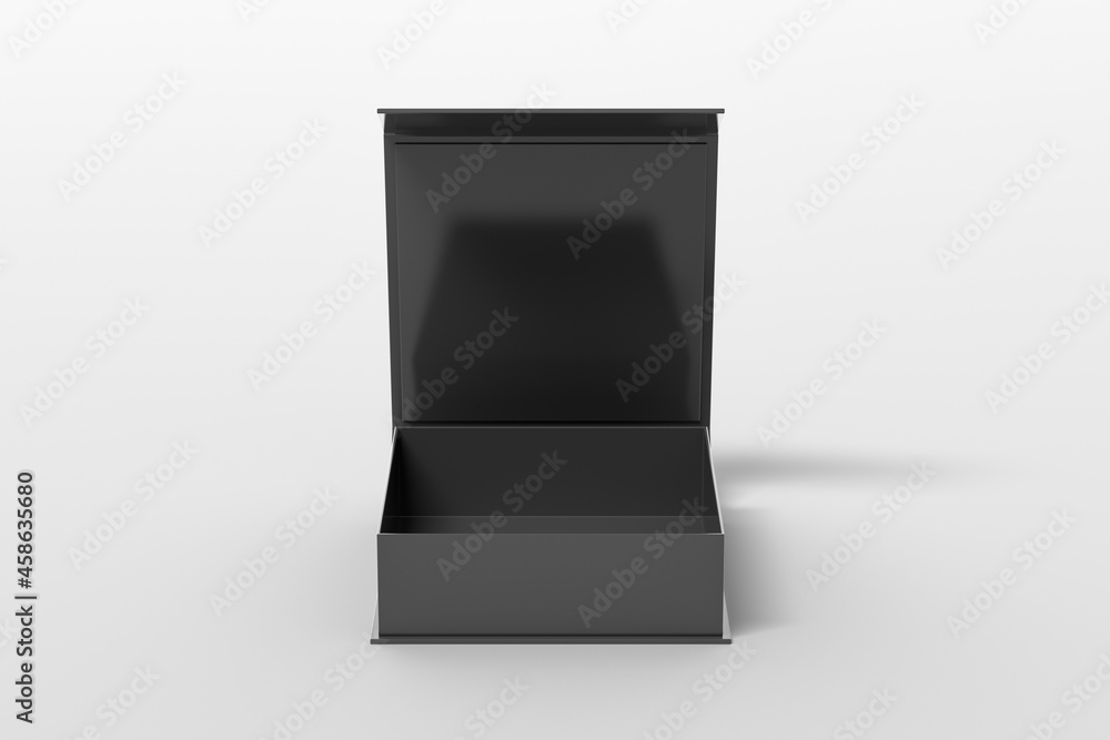 Black opened square folding gift box mock up on white background. Front view. Black opened square folding gift box mock up on white background. Front view.