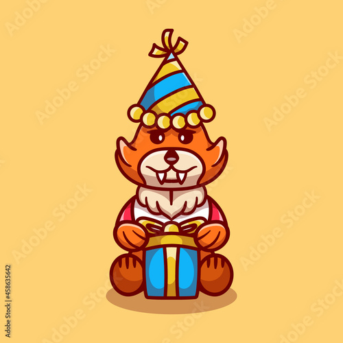 cute fox wearing hat and birthday present