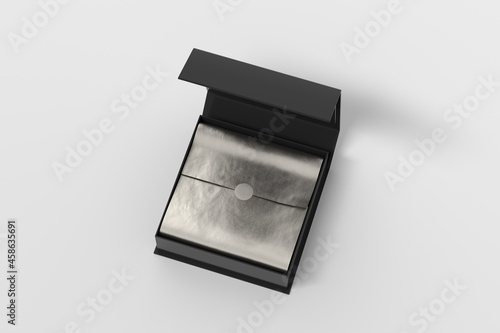 Black opened square folding gift box mock up with silver wrapping paper on white background. View abobe.