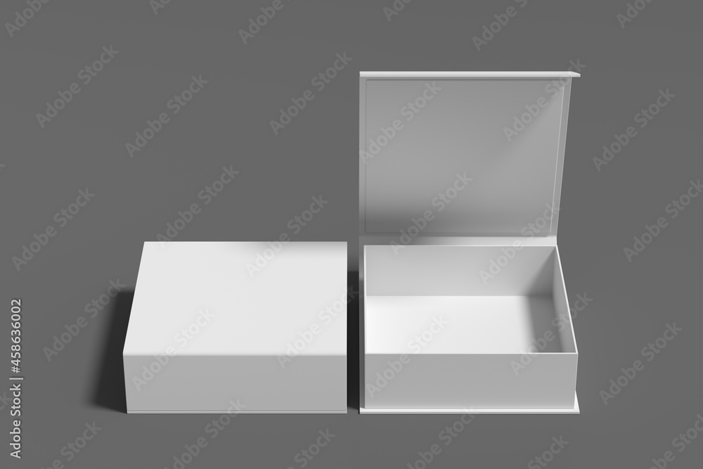 White opened and closed square folding gift box mock up on gray background. Front view. White opened and closed square folding gift box mock up on gray background. Front view.